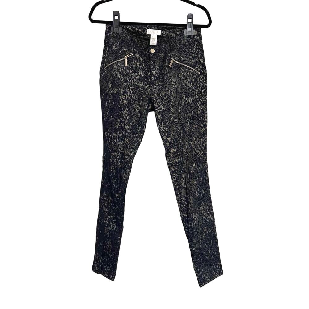 Cache Pants Womens Size 6 Black Gold Skinny Shimmer Zip Pockets Textured Stretch